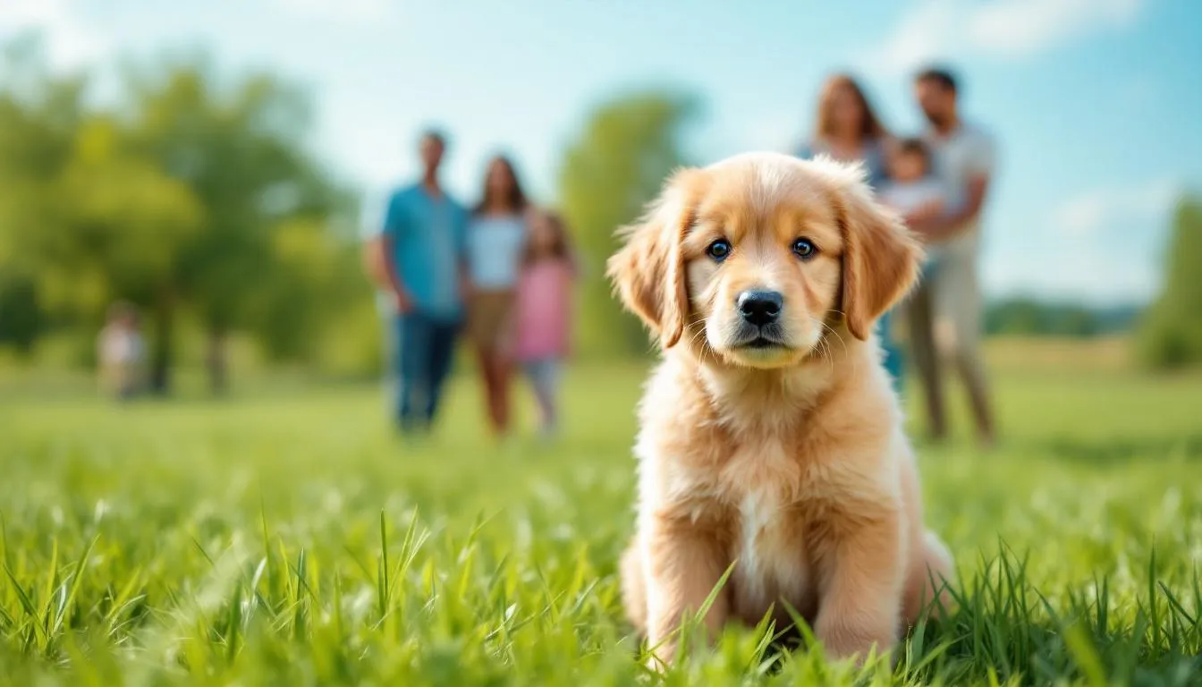 A mini goldendoodle puppy sits playfully in lush green grass, with a loving family in the background enjoying their time together. This affectionate puppy, known for its hypoallergenic coat, makes the perfect companion for families and allergy sufferers alike.