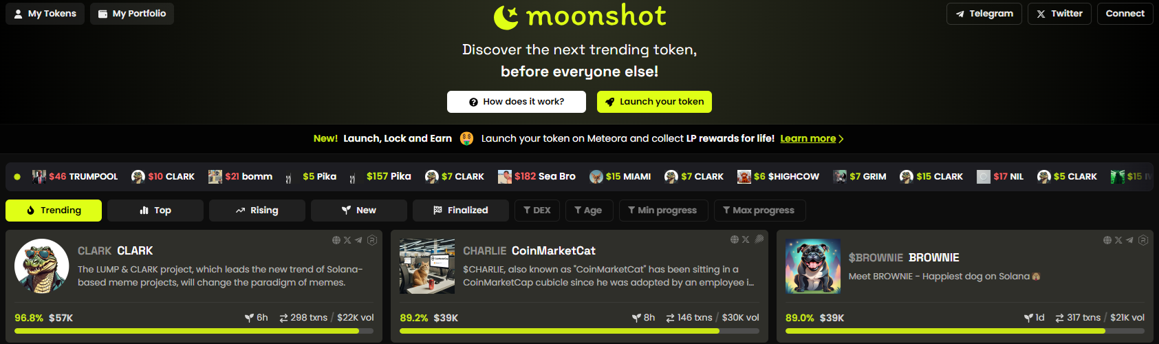 Moonshot is a source of trending coins, visualizing when a coin has reached escape liquidity and is ready for listing on another DEX.