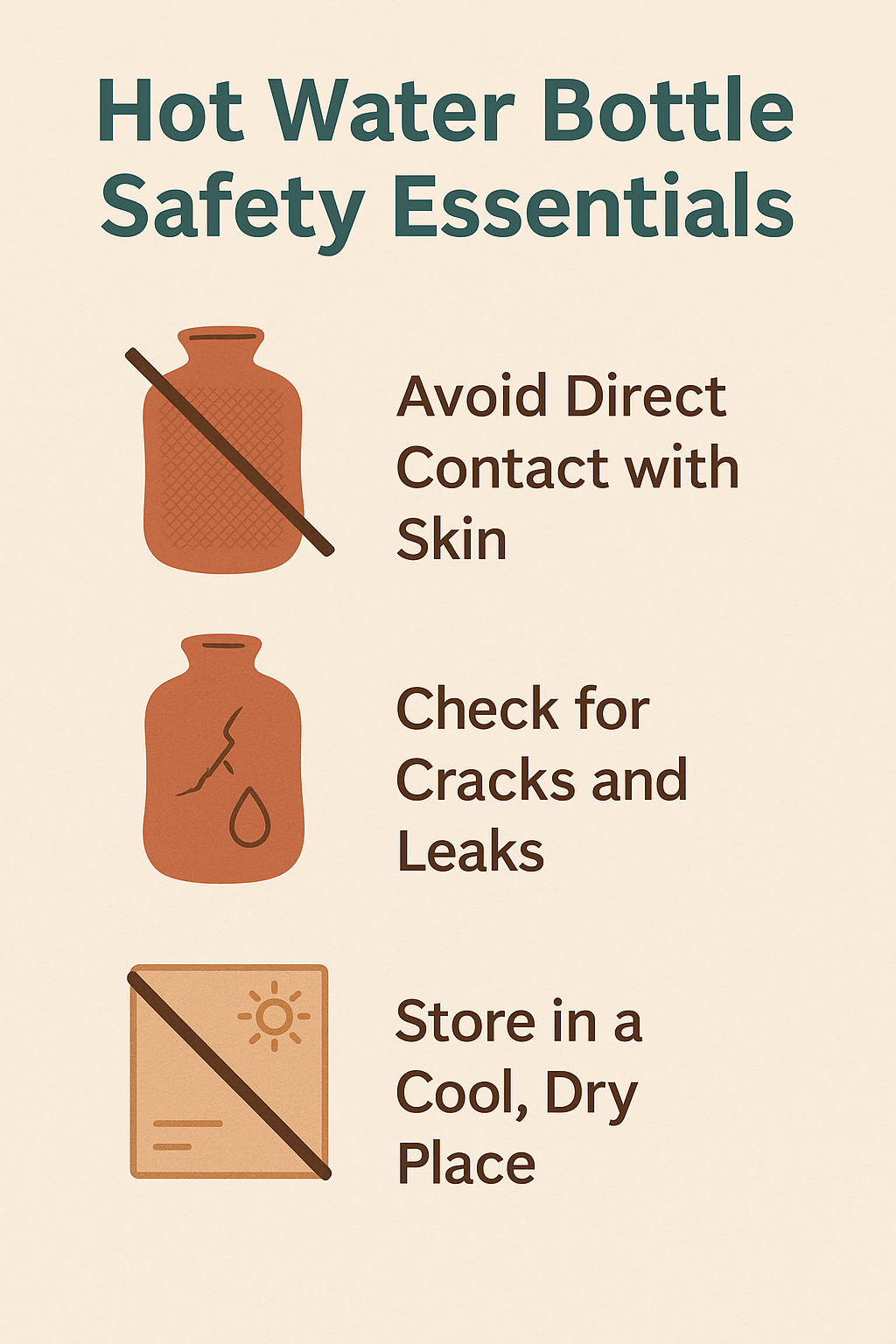 The image illustrates essential safety tips for using hot water bottles, emphasizing the importance of avoiding direct contact with the skin to prevent burns. It also highlights checking for signs of wear and tear, such as cracks and leaks, and the need to store the bottle in a cool, dry place away from sunlight.