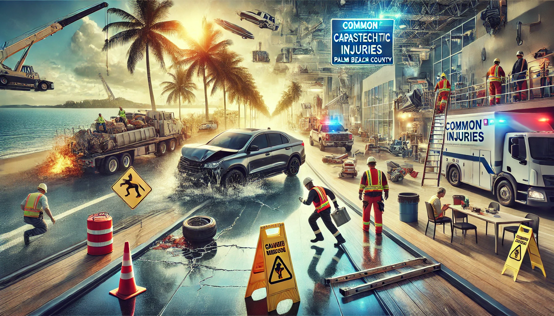 An informative and impactful scene depicting common causes of catastrophic injuries in Palm Beach County. The composition includes visuals of a car accident, a construction site with safety hazards, and a slip-and-fall scenario on wet flooring, all blended together in a montage-style image. The setting includes subtle Florida elements, such as palm trees and a sunny background, to situate the context. The atmosphere is serious yet informative, designed to raise awareness. The image is in a 16:9 aspect ratio for clarity and emphasis on the causes.