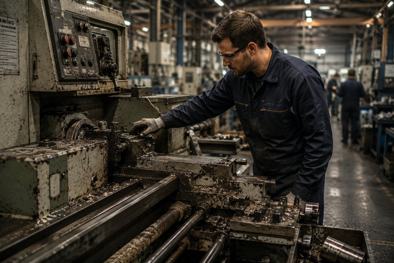 Industrial engineer inspecting poorly maintained production machinery inside a busy factory.