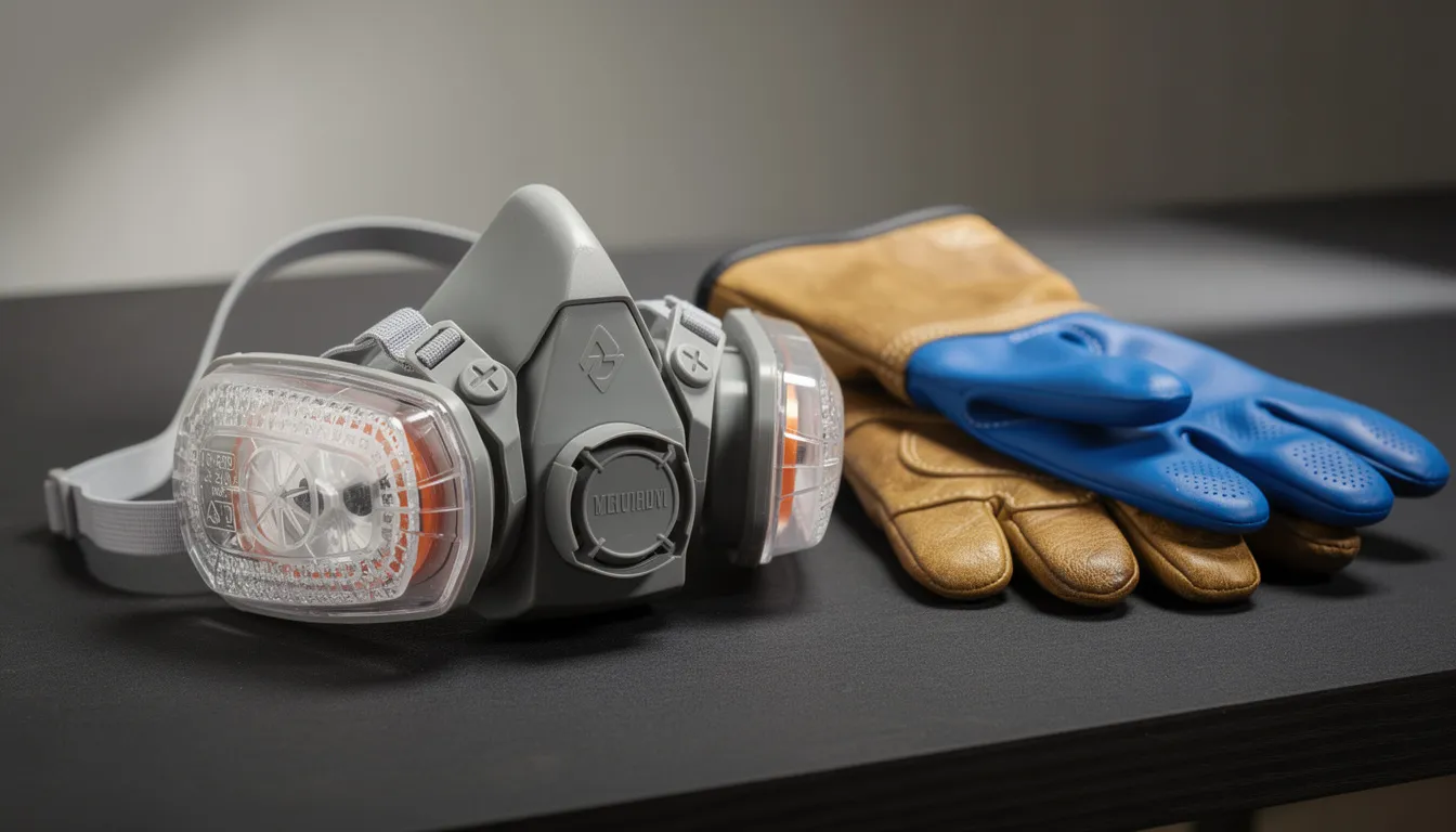 The image features a close-up view of professional safety equipment, including a respirator mask and protective gloves, essential for handling hazardous materials like bat droppings and mouse poop. This equipment helps prevent respiratory issues and allergic reactions when dealing with potential diseases transmitted by rodent droppings and guano.