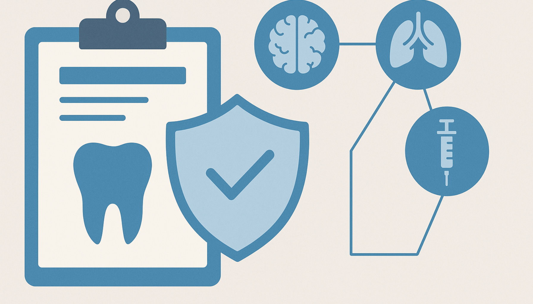 Hvilke diagnoser gir rett til gratis tannlege 7 Illustrasjon med skjema, tannsymbol, medisinske ikoner og skjold som viser hvilke diagnoser kan gi rett til gratis tannbehandling.