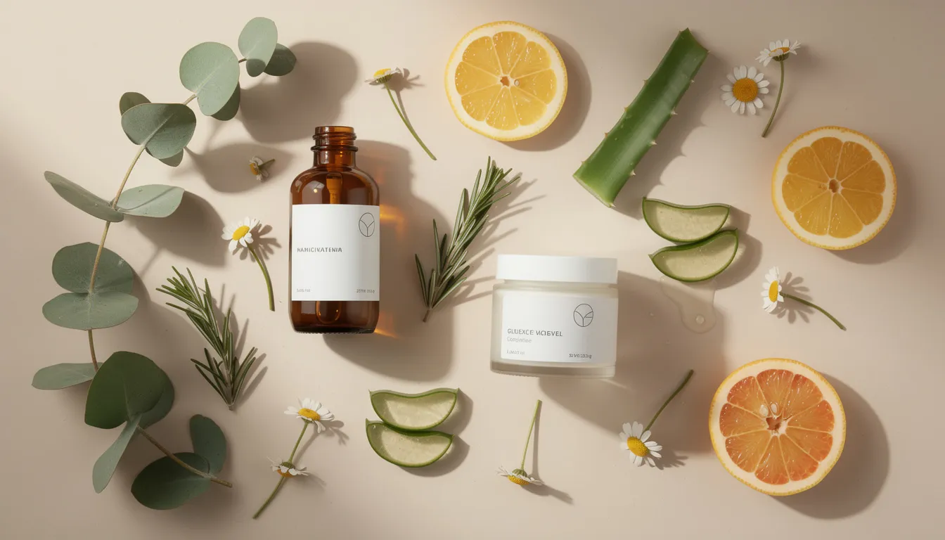 The image features an aesthetically arranged collection of natural cosmetics, showcasing various beauty products in recyclable glass containers. The display includes botanical ingredients and emphasizes eco-friendly packaging, highlighting a commitment to clean beauty and sustainability.