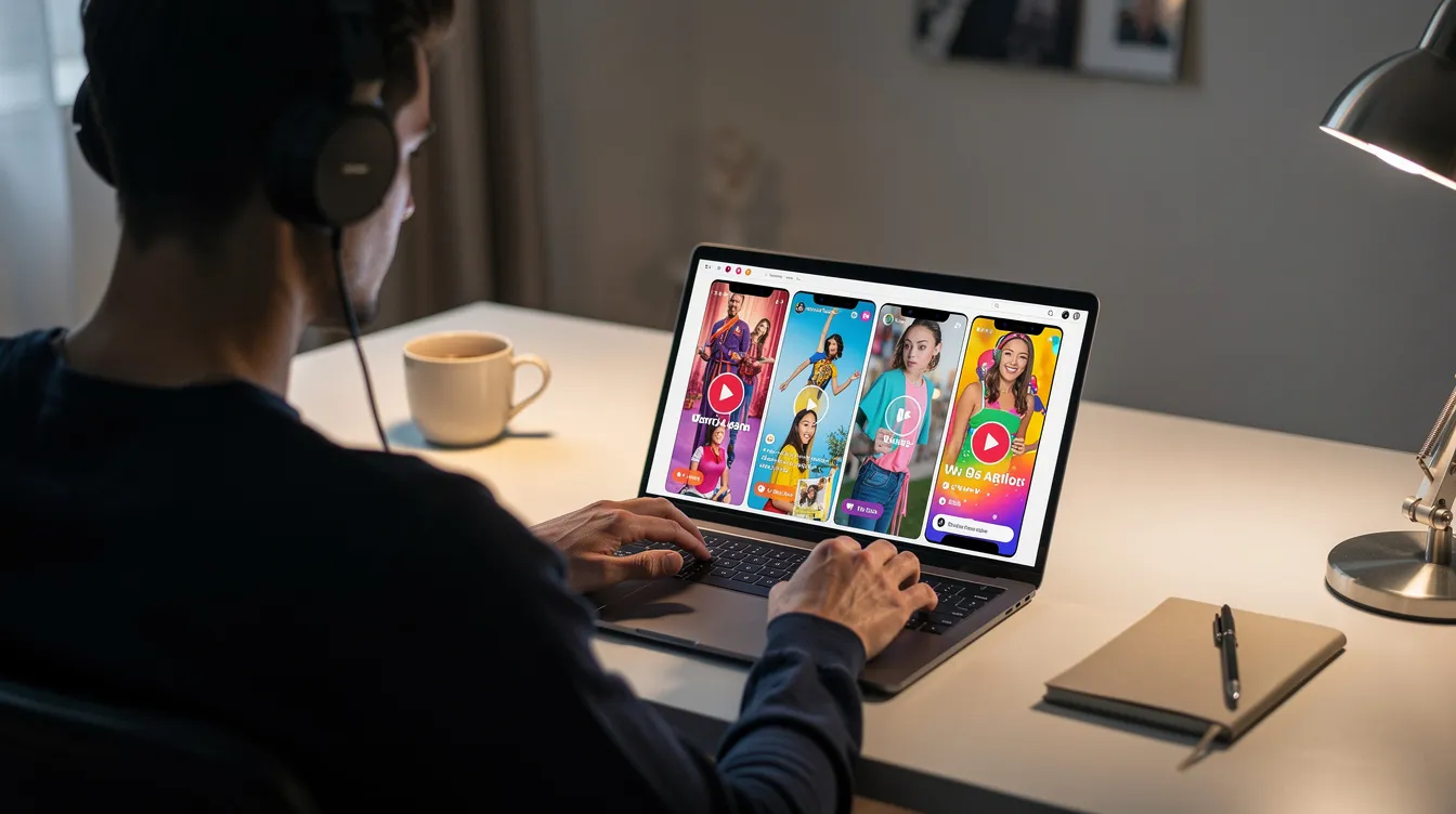 A person is sitting at a desk, wearing headphones and focused on their laptop, where they are watching short vertical videos, reminiscent of YouTube shorts. The scene captures the essence of engaging with digital content, perfect for offline viewing or downloading favorite shorts for later enjoyment.