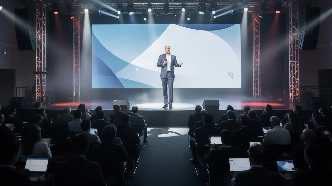 A professional leadership keynote speaker stands confidently on stage, illuminated by dramatic lighting, as they engage a large corporate audience filled with senior leaders and employees. The atmosphere is charged with energy, emphasizing themes of leadership development and team dynamics, while the speaker delivers valuable insights to motivate leaders and foster high performance within the organization.