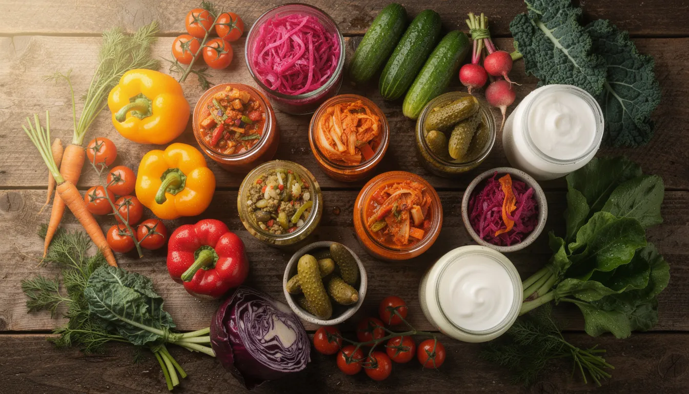 The image features a vibrant assortment of fresh vegetables and fermented foods artfully arranged on a wooden surface, highlighting their potential health benefits for metabolic health, including blood sugar control and supporting weight loss. This colorful display emphasizes the importance of a nutritious diet in managing body weight and promoting overall well-being.