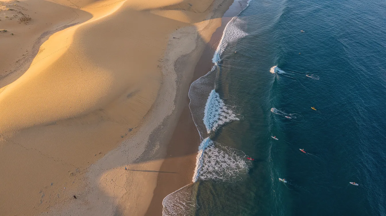 Die Luftaufnahme zeigt die beeindruckenden Sanddünen von Fuerteventura, die sanft auf das klare Wasser des Atlantiks treffen. Vereinzelte Surfer sind im Wasser zu sehen, während die Küstenlandschaft der schönsten Strände auf Fuerteventura einen atemberaubenden Anblick bietet.