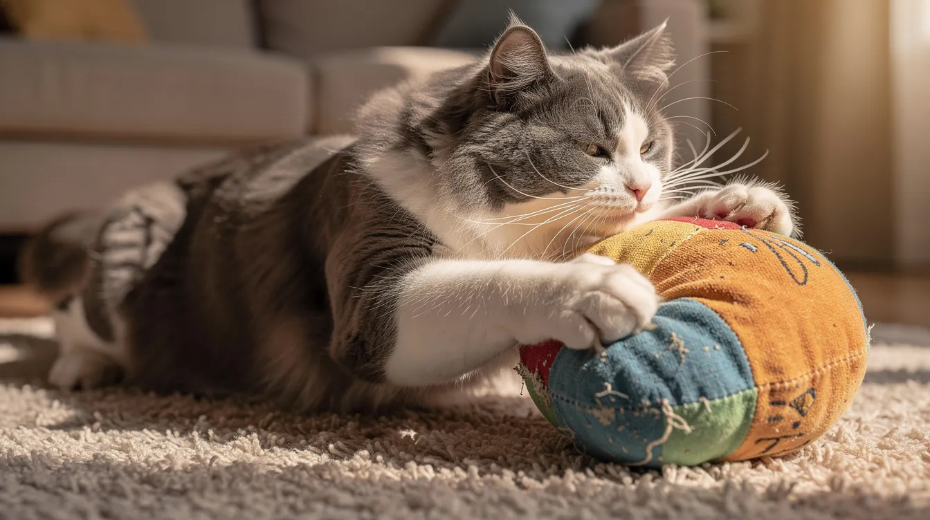 A fluffy gray and white cat is stretching out on a soft carpet, gripping a large plush kicker toy between its front and back paws, ready to play. The cat appears to be enjoying the catnip scent of the toy, showcasing its playful nature.