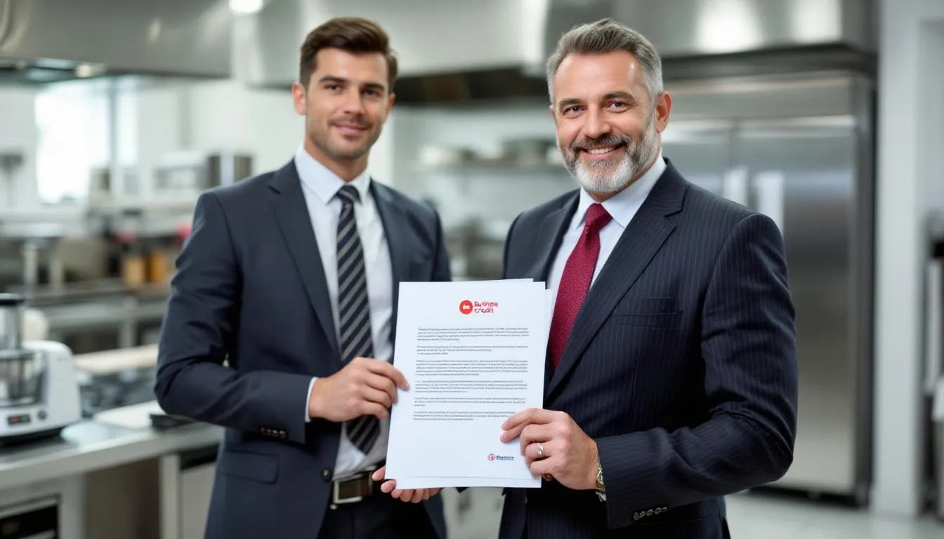 In the image, a restaurant owner is discussing with a financial advisor about obtaining an equipment financing loan to replace outdated kitchen appliances and improve their restaurant business's competitiveness in the food industry. The scene emphasizes the importance of business credit and the approval process for securing financing options tailored to their equipment needs.