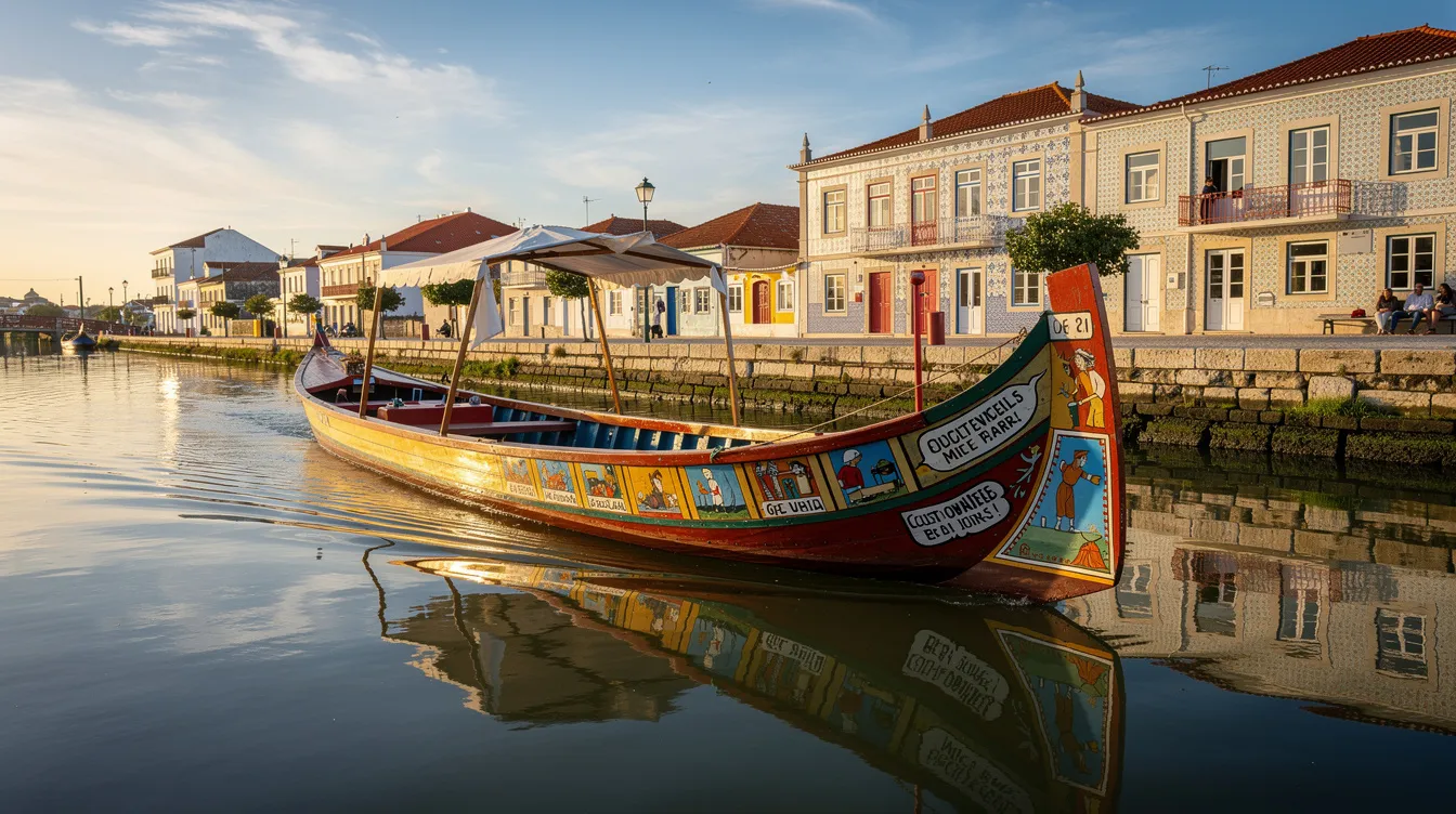Imagem de um moliceiro, tradicional barco da região da Ria de Aveiro, em Portugal. O barco colorido flutua nas águas tranquilas, cercado por uma paisagem de campos verdes e construções típicas, representando a cultura e a vida dos pescadores locais.