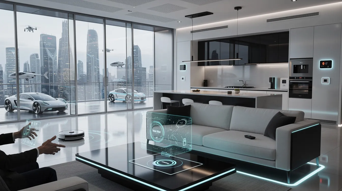 A futuristic smart home showcasing advanced technology and Matter integration.