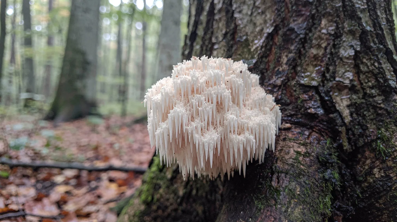A white, shaggy lion's mane mushroom, scientifically known as Hericium erinaceus, is growing on the bark of a large hardwood tree in a temperate forest, showcasing its unique fruiting body. This medicinal mushroom is known for its potential health benefits, including stimulating nerve growth factor and improving cognitive function.