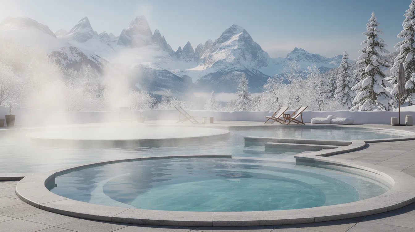 A imagem mostra piscinas ao ar livre com vapor subindo da água, enquanto ao fundo se destacam montanhas nevadas, criando um cenário sereno e invernal. Este ambiente remete à beleza natural da Polônia, especialmente da região de Zakopane, famosa por suas paisagens montanhosas.