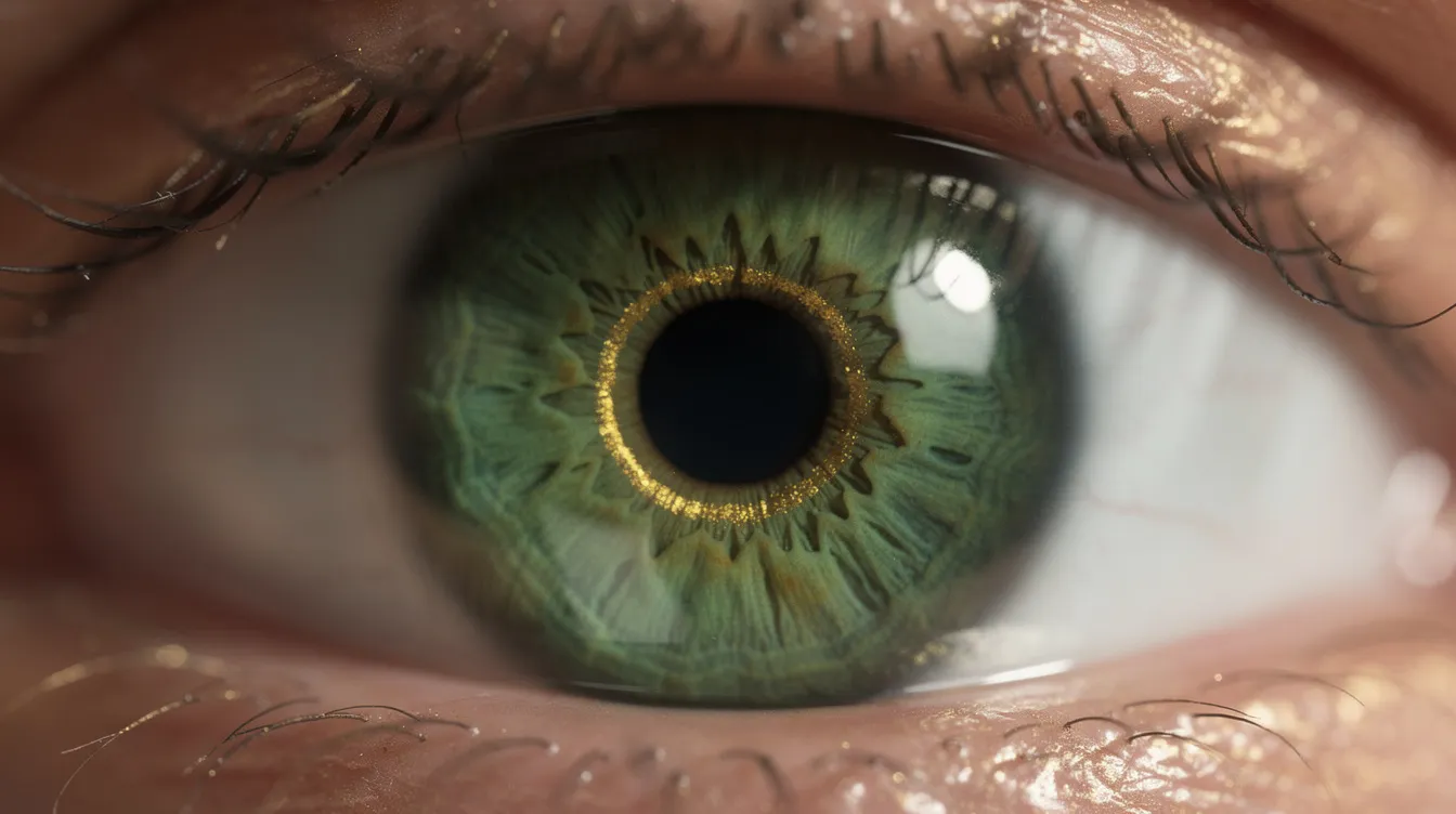 Un gros plan sur un œil vert, mettant en valeur des reflets dorés autour de la pupille, révèle la beauté et la rareté de cette couleur des yeux. La lumière accentue les teintes vibrantes de l'iris, créant un contraste captivant.