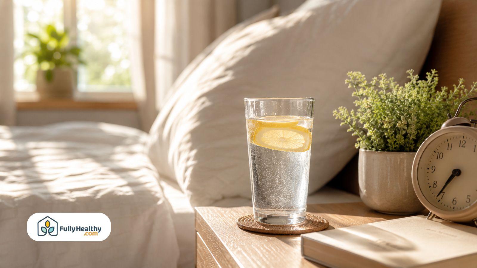 Glass of lemon water on a bedside table in the morning.
