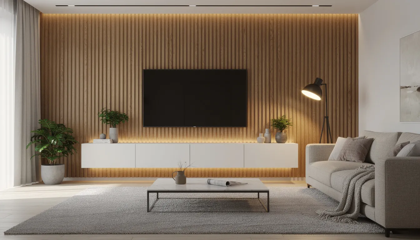 De afbeelding toont een complete tv-hoek met een stijlvolle houten wand achter de televisie, verlicht door een moderne designlamp. Voor de tv staat een zwevend meubel en een comfortabele bank, wat bijdraagt aan de warme en opgeruimde uitstraling van de woonkamer.