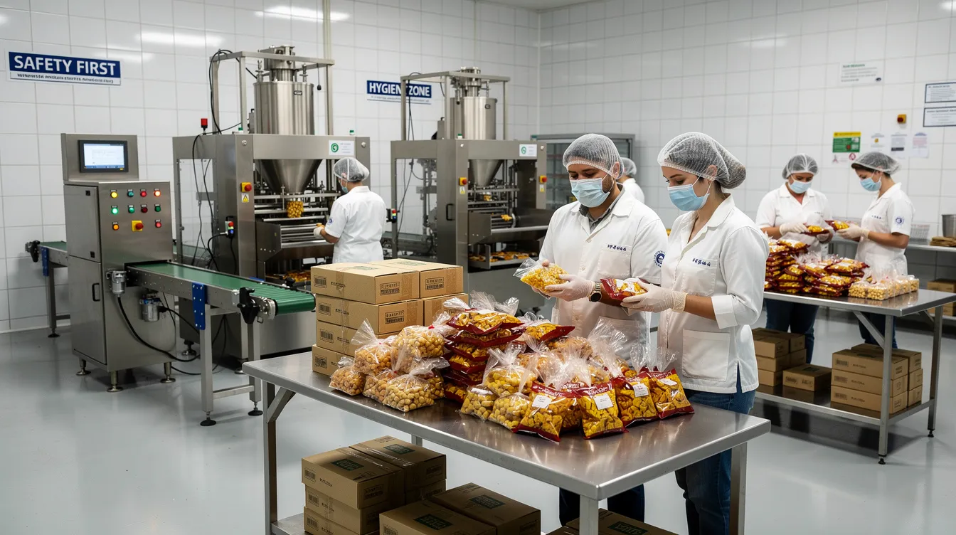 The image depicts a small food processing unit where workers are actively packing snacks near stainless steel machinery, highlighting the operational aspect of micro enterprises that may benefit from financial assistance through schemes like the Mudra Loan. This setting illustrates the growth development and funding needs of beneficiary micro unit entrepreneurs engaged in income-generating activities.