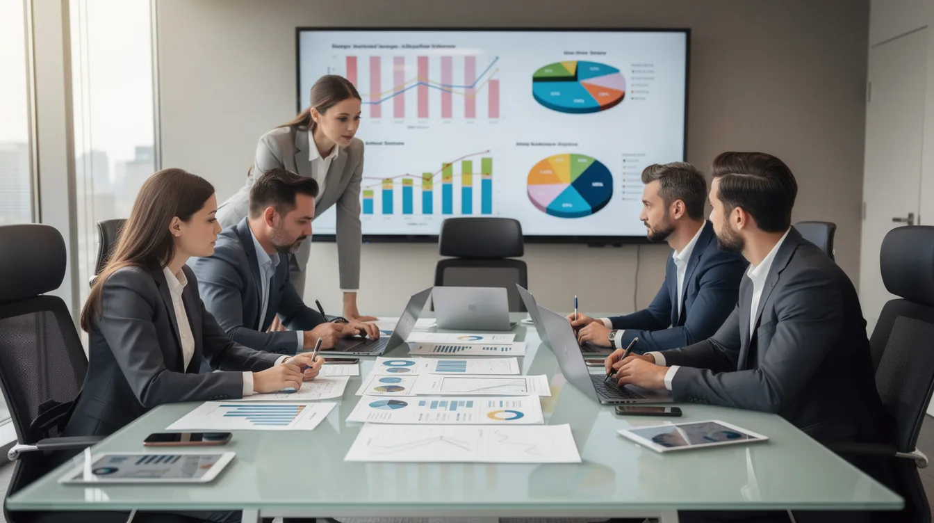caa560bf 8e0a 4909 b4aa 1e9e9947a9cb Zespół profesjonalistów pracuje wspólnie nad raportami finansowymi wokół stołu konferencyjnego, z wykresami wyświetlanymi na ekranie. Dyskutują o przepływach środków pieniężnych oraz analizują sprawozdania finansowe grup kapitałowych.