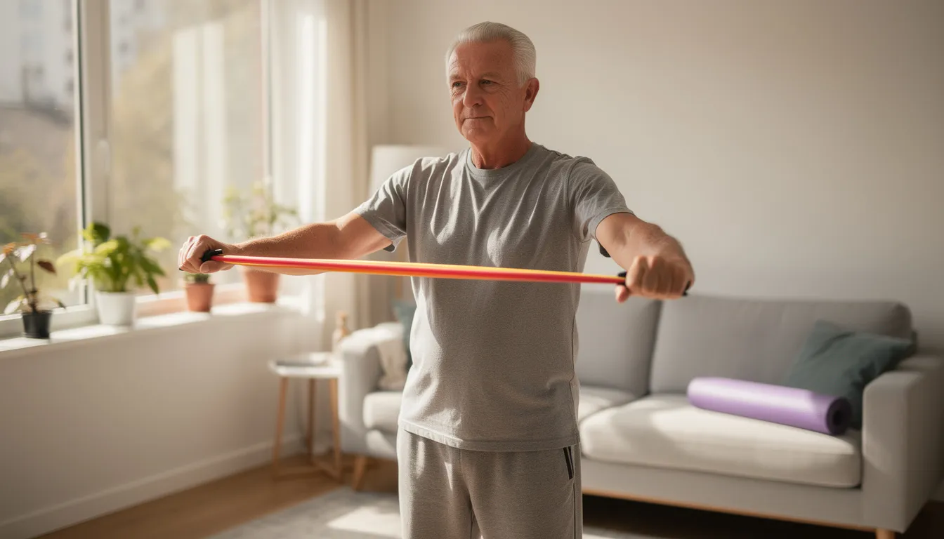 An older man in his 70s is performing resistance band exercises in a well-lit home environment, focusing on maintaining his muscle strength and overall physical function. This scene highlights the importance of exercise training for healthy aging and improving muscle mass, contributing to better metabolic health and physical performance.