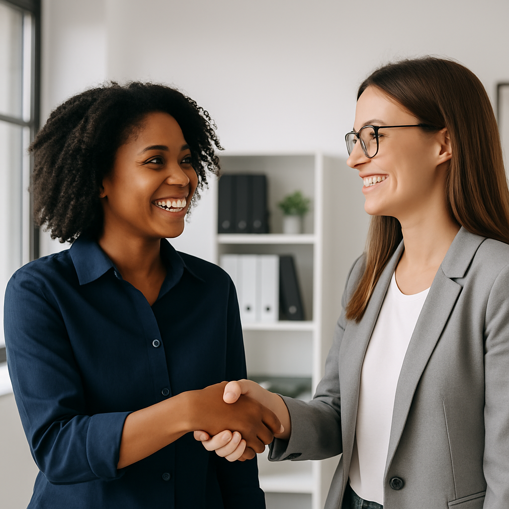 Two professional women smile warmly as they shake hands in a modern office setting. The woman on the left has curly dark hair and wears a navy shirt, while the woman on the right has straight light brown hair, glasses, and a gray blazer. They appear friendly and engaged, standing in front of a white bookshelf with binders and a small plant, with natural light streaming in from nearby windows. The scene reflects a positive workplace interaction, suggesting a successful referral hire.