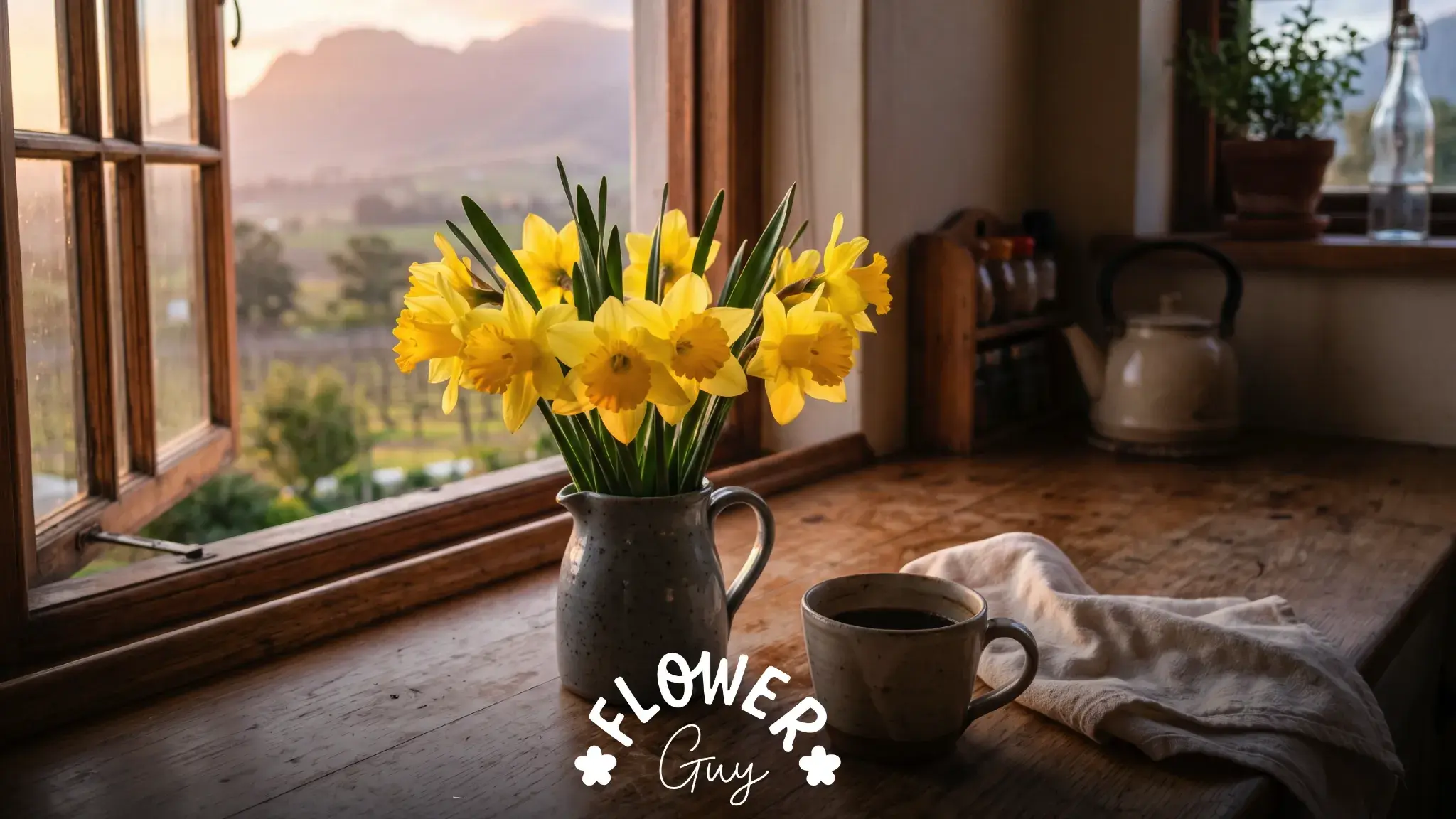 Bunch of yellow daffodils in a stoneware jug on a farmhouse kitchen counter at dawn, suggesting new beginnings