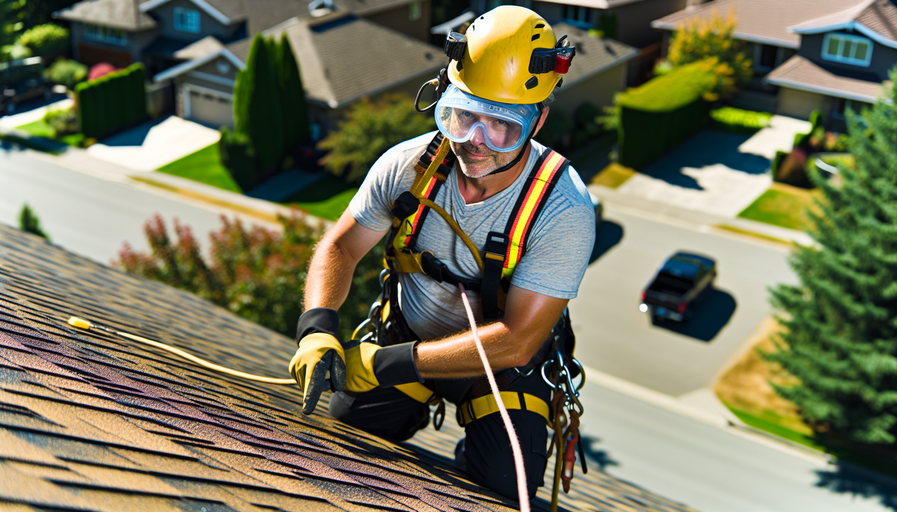Safety harness and protective gear for roof cleaning