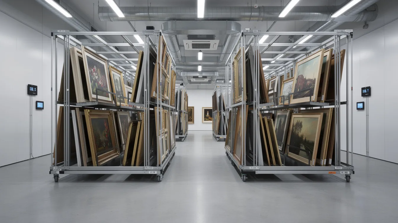 The image depicts a climate-controlled art storage facility featuring paintings neatly organized on sliding racks, ensuring optimal preservation for valuable artworks. This secure environment is essential for art collectors and investors looking to protect their fine art assets within a diversified investment portfolio.
