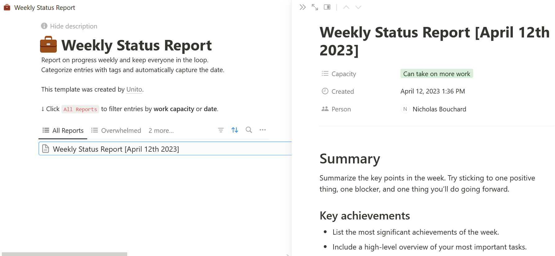 A screenshot of a weekly status report template in Notion.