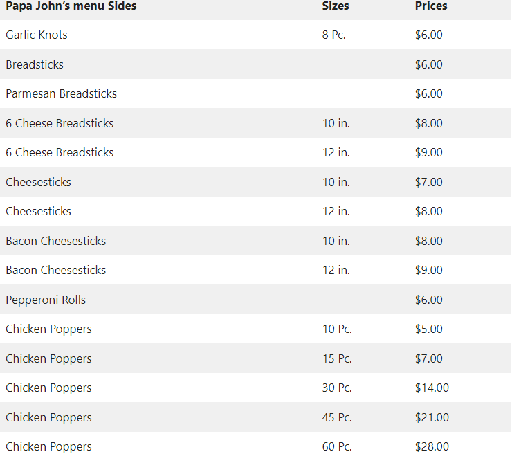 Papa John sides prices