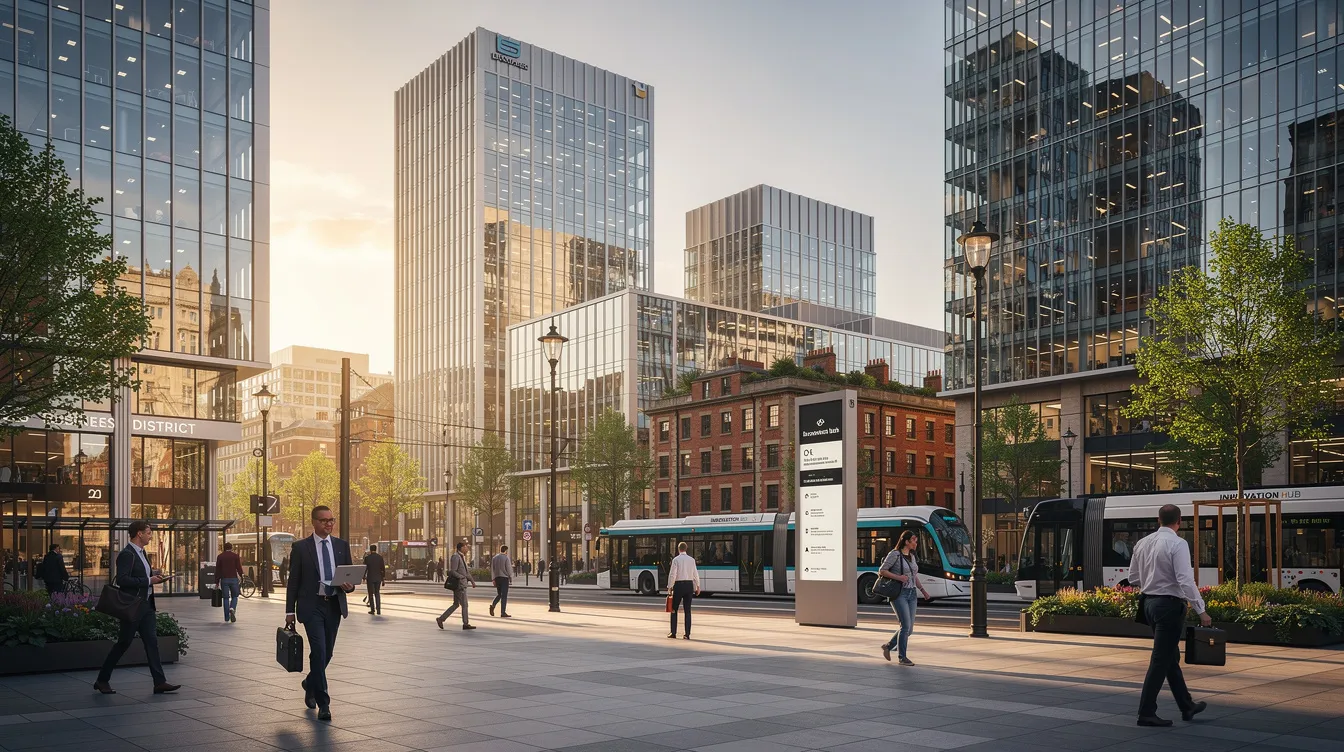 The image depicts a bustling UK city business district characterized by sleek, modern buildings, reflecting a forward-looking business environment. This setting suggests the integration of AI technology and accounting tools, highlighting the potential for automation in financial management and the evolving role of accounting professionals.