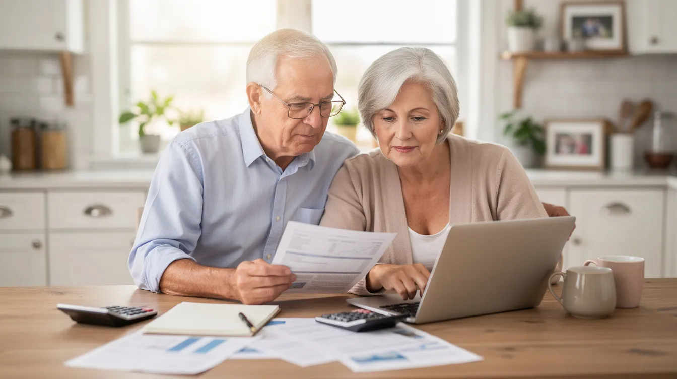 A retired couple is seated at a kitchen table, reviewing various financial documents related to their retirement plan, including details about their pension benefits and monthly payments. They appear focused and engaged as they discuss their options for managing their retirement assets and ensuring a stable income during their retirement years.