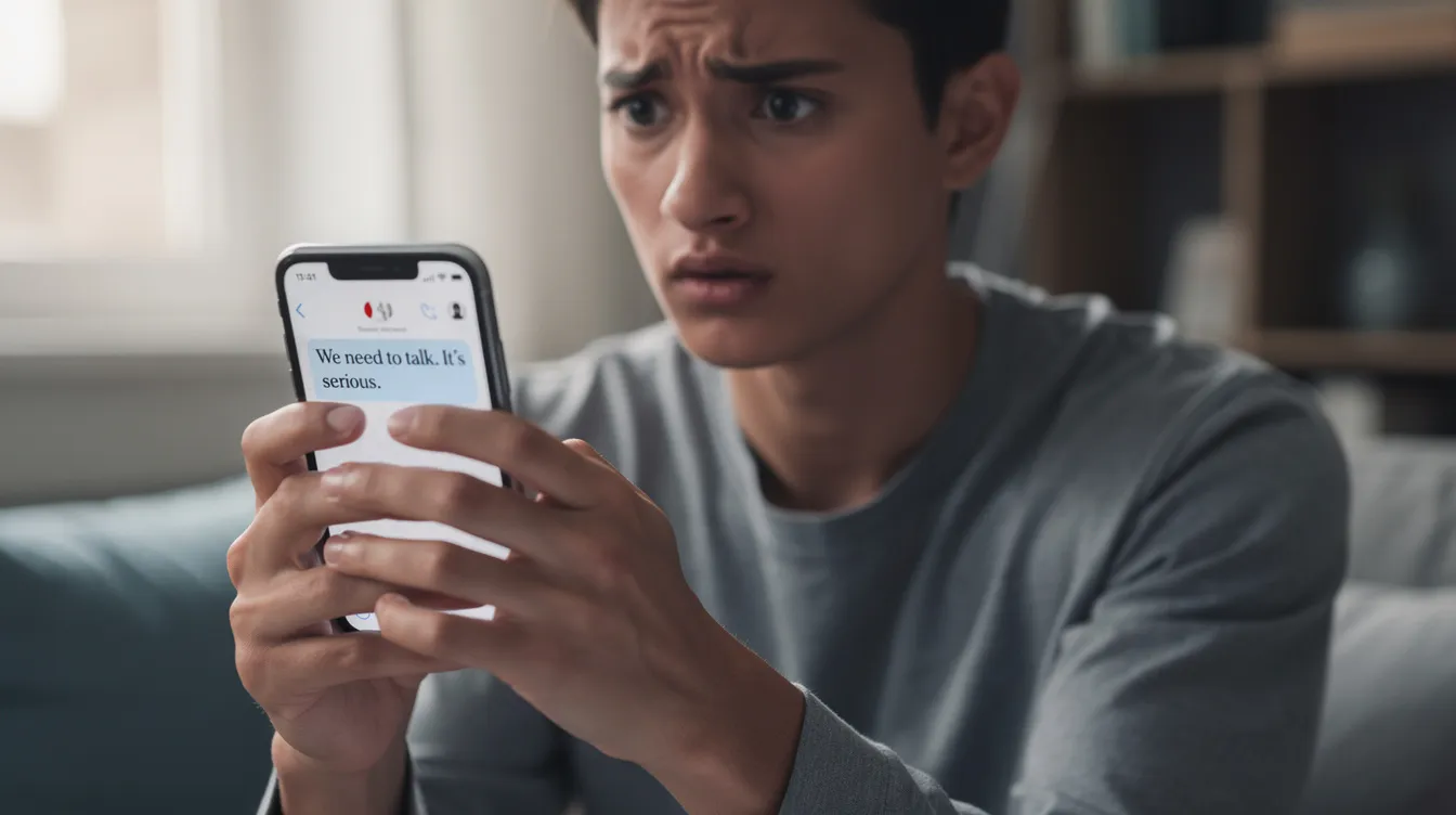A person is holding a smartphone with a worried expression, intently looking at a chat message that may contain a suspicious link. The scene highlights the importance of being vigilant against scams, such as those involving "whatsapp" accounts and potential data leaks.