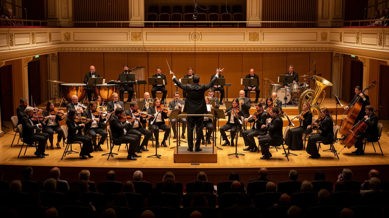 Ein großes Sinfonieorchester führt in einem beeindruckenden Konzertsaal auf, während der Dirigent mit erhobenen Armen die Musiker leitet. Die Atmosphäre ist geprägt von musikalischer Intensität, die die Zuschauer in den Bann zieht.