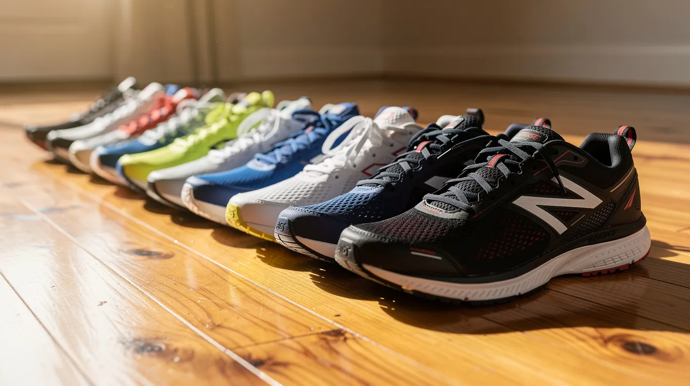 A row of various men's running shoes is displayed on a wooden floor, showcasing different styles designed for comfort and support. These shoes feature good arch support and cushioning, making them ideal for alleviating plantar fasciitis pain and providing relief from foot discomfort during daily wear.