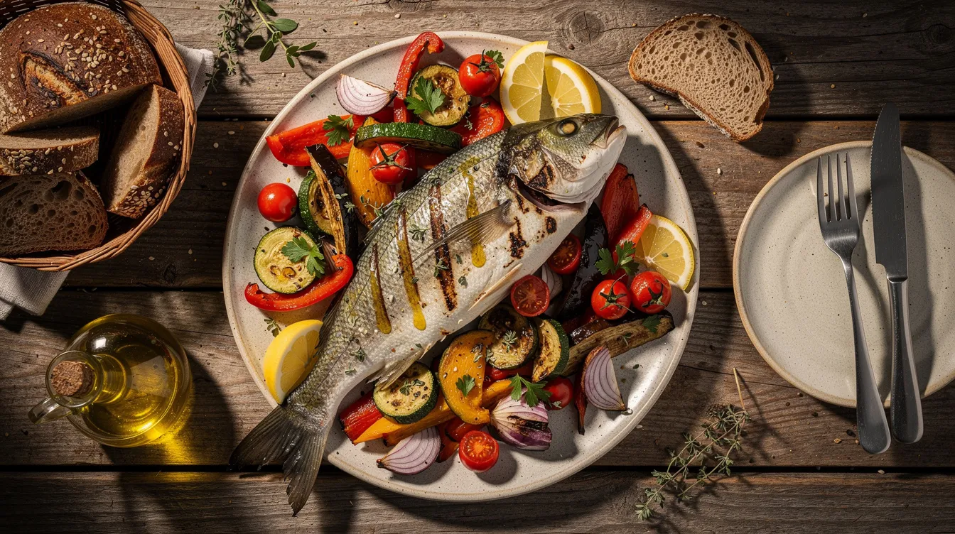 The image depicts a vibrant Mediterranean meal featuring grilled fish drizzled with olive oil, accompanied by an array of colorful vegetables and slices of whole grain bread, all beautifully arranged on a rustic wooden table. This wholesome spread emphasizes healthy eating habits that support skin health, cardiovascular health, and overall well-being.