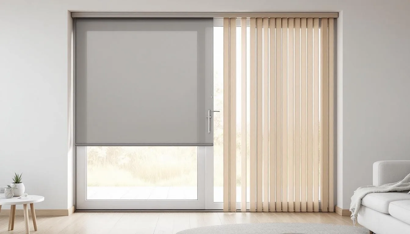 Comparison of roller blinds and vertical blinds on patio doors.