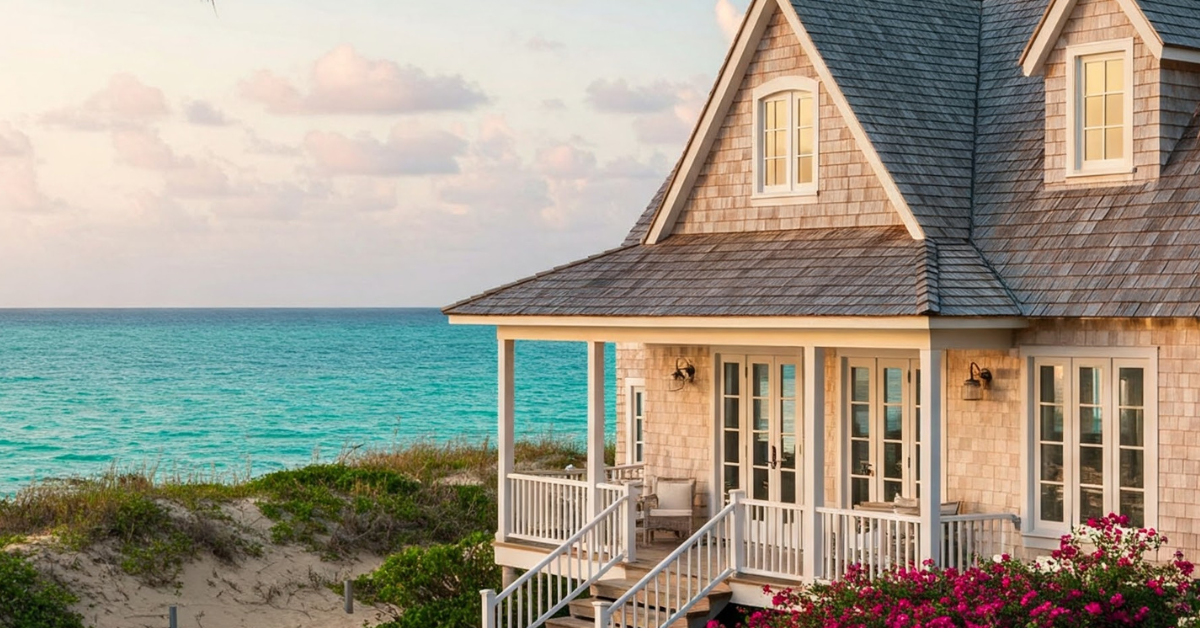 Oceanfront Long Beach Island vacation rental home with shingle siding, wraparound porch, and stunning Atlantic Ocean views.