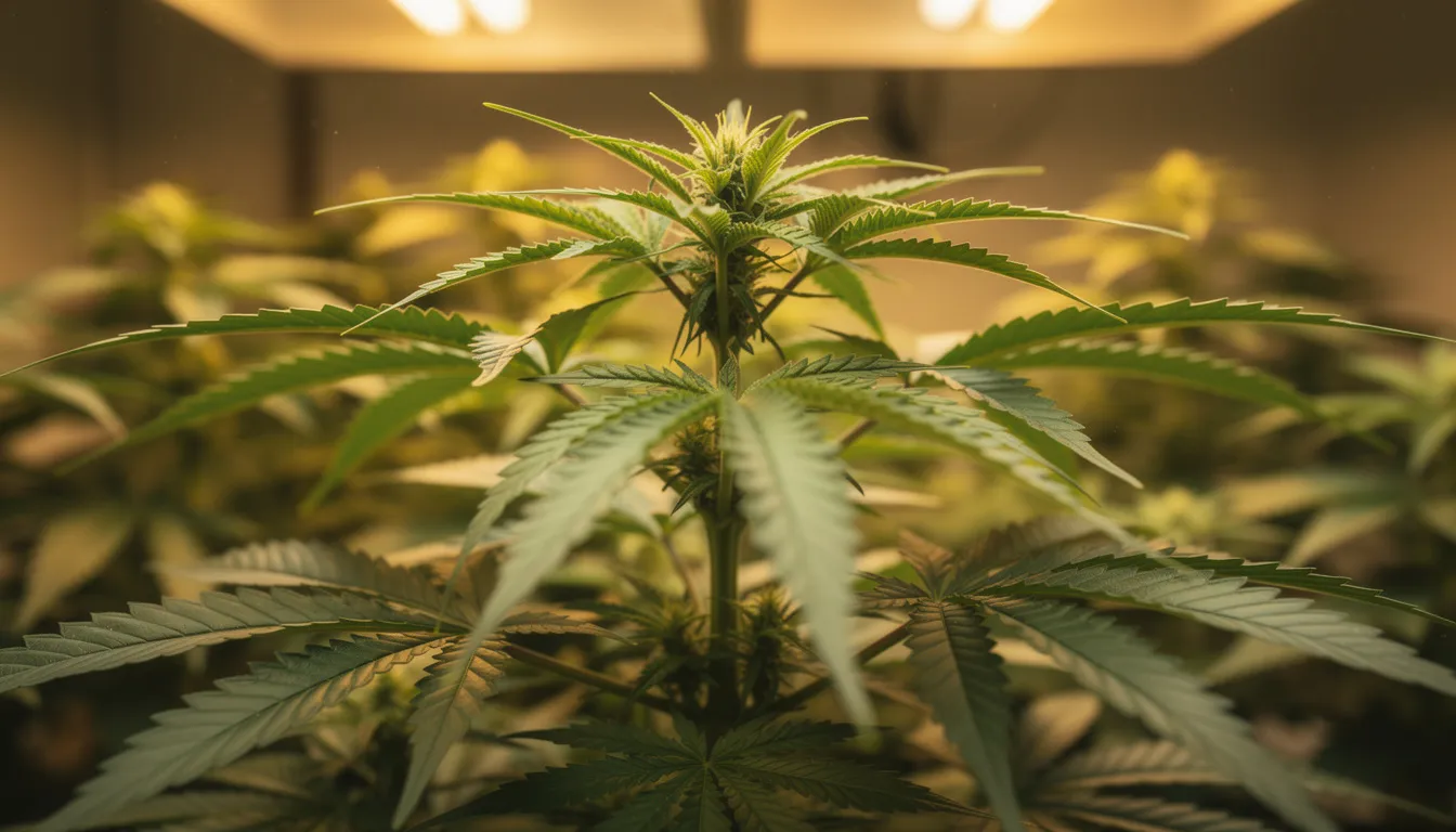Die Abbildung zeigt eine gesunde Cannabispflanze in der Wachstumsphase, die unter warmem Licht mit sattgrünen Blättern gedeiht. Diese Pflanzen sind ein wichtiger Bestandteil des Anbaus von Cannabis und können als Stecklinge oder Samen erworben werden.