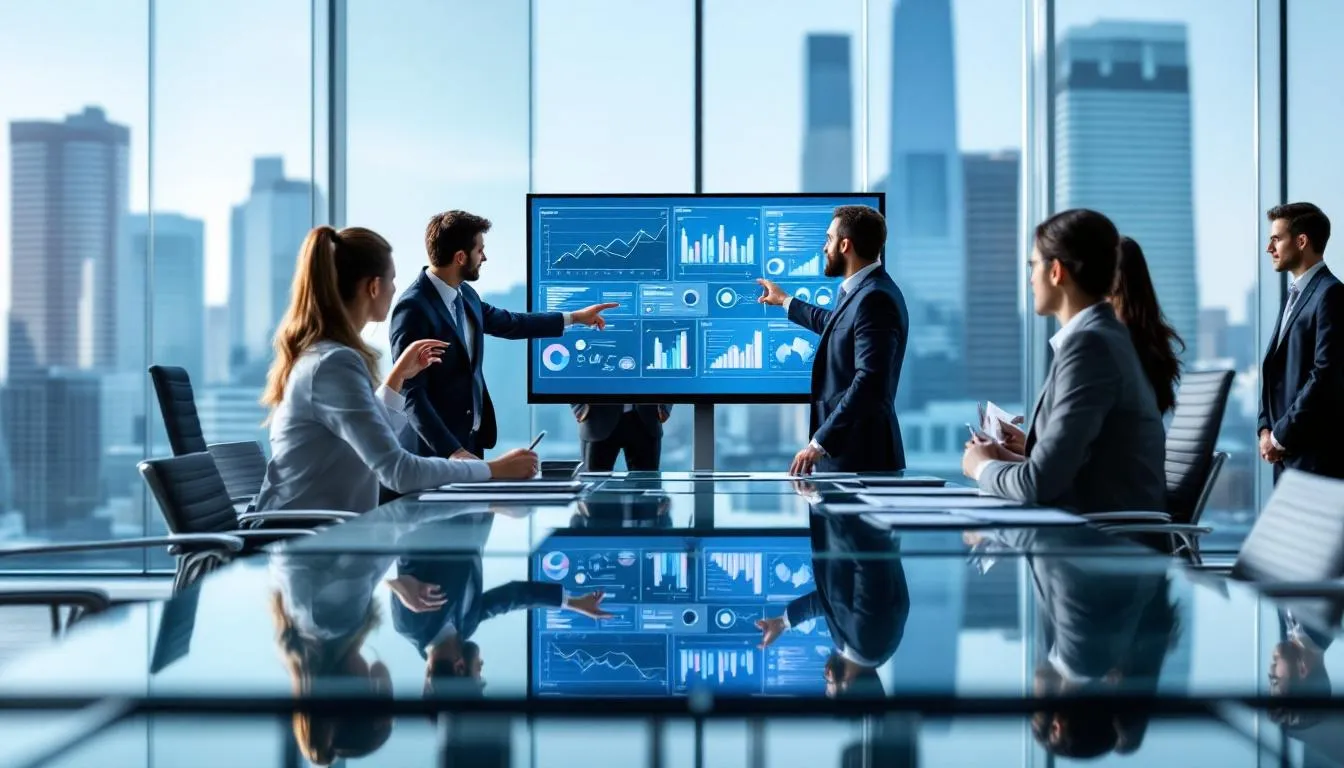 In a modern conference room, business professionals are engaged in analyzing various charts and graphs, likely discussing key metrics related to a leveraged buyout (LBO) model, including capital structure and cash flows of a target company. The atmosphere is focused, as they evaluate financial statements and consider the implications of net debt and equity investments for their private equity firm.