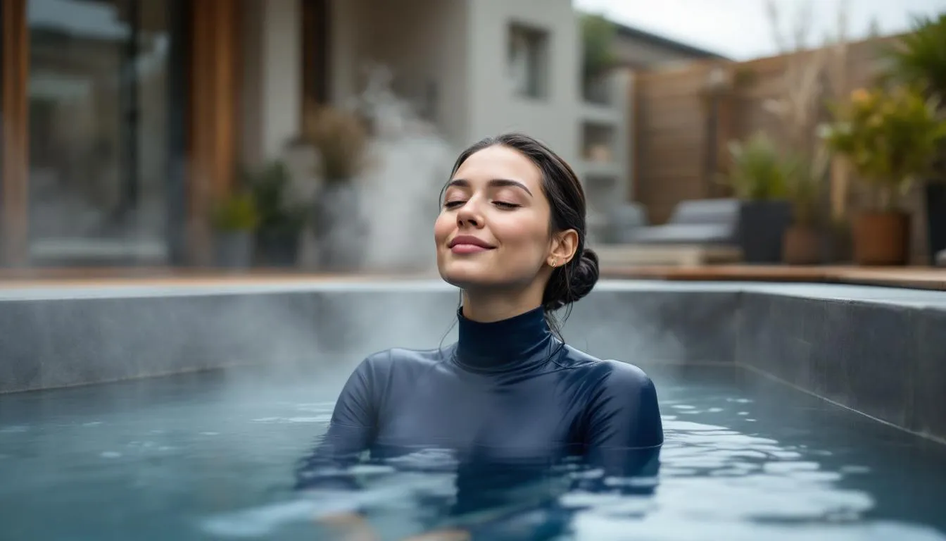 An individual is immersed in an ice bath, experiencing the invigorating effects of cold plunging. The cold water surrounds them, promoting blood vessel constriction and offering numerous health benefits, including improved mental health and reduced inflammation.