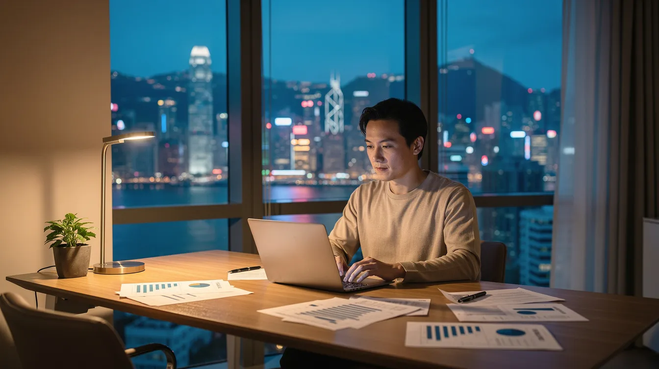 The image shows a person sitting at a modern desk in a Hong Kong apartment, reviewing financial documents on a laptop. The setting suggests a focus on financial management, possibly related to 二線 財務 or private loan applications.