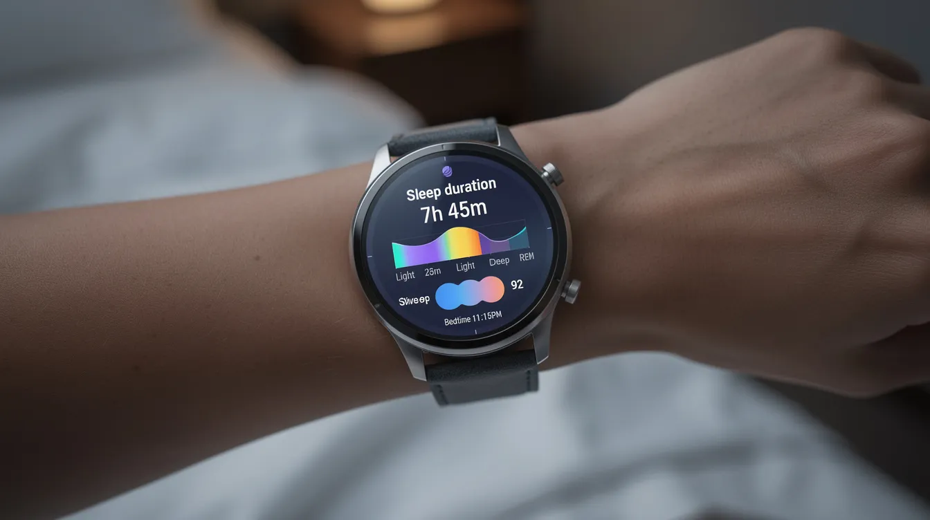 The image shows a smartwatch on a person&rsquo;s wrist, displaying detailed sleep tracking data, including various sleep stages such as deep sleep and REM sleep. This visual representation highlights the importance of monitoring sleep quality for better physical and mental health.