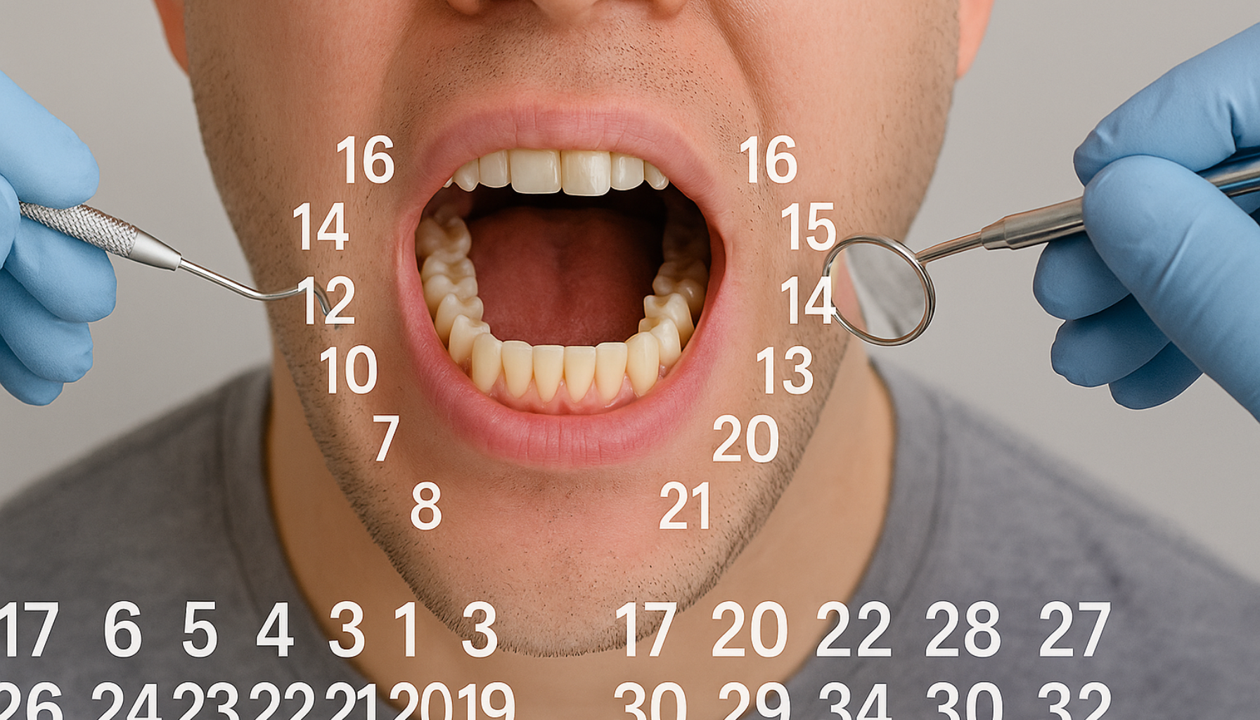 Åpen munn under tannlegeundersøkelse viser tenner tydelig nummerert for systematisk identifikasjon og oversikt."