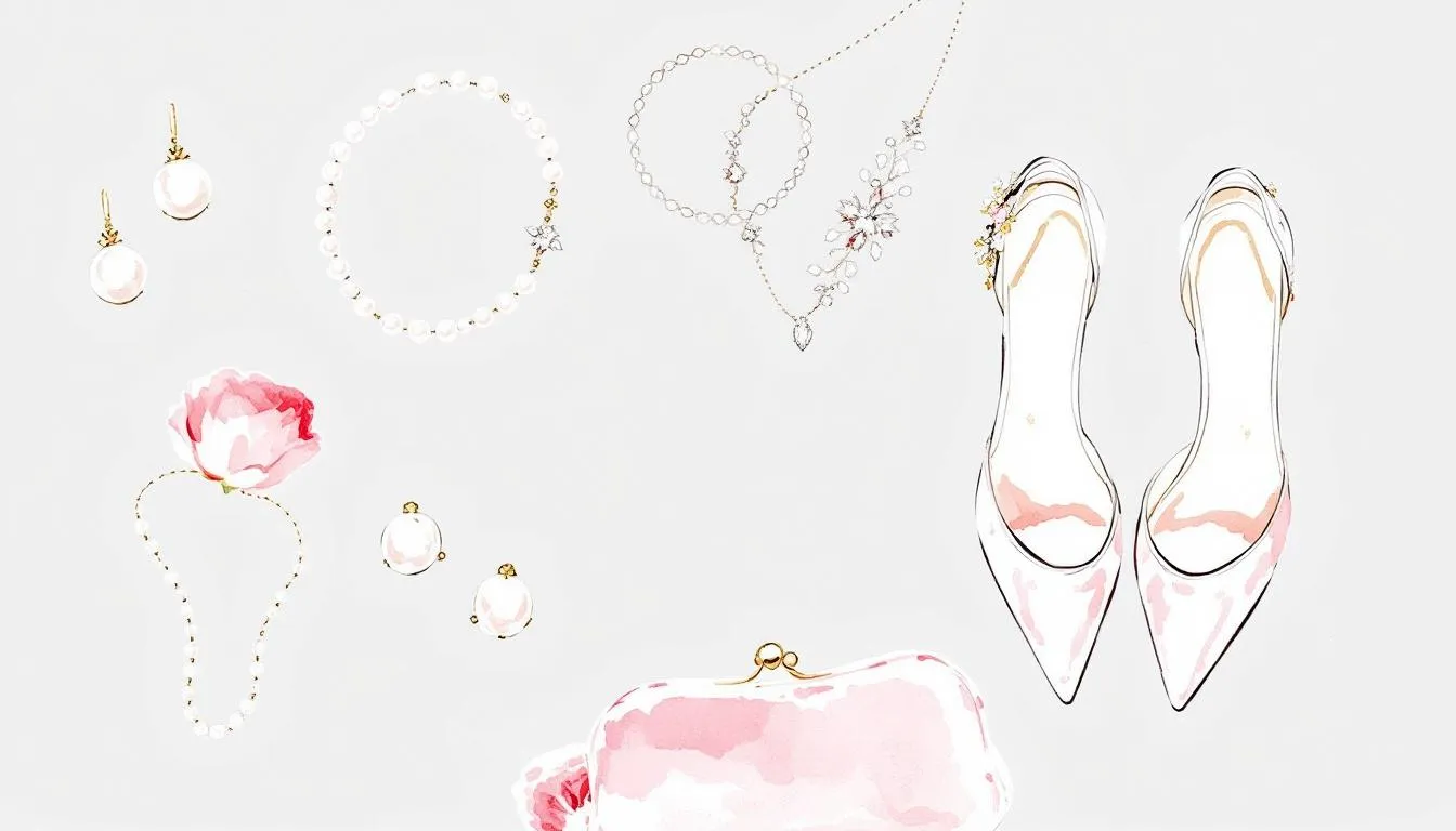 An assortment of accessories including jewelry and shoes that complement wedding guest outfits.