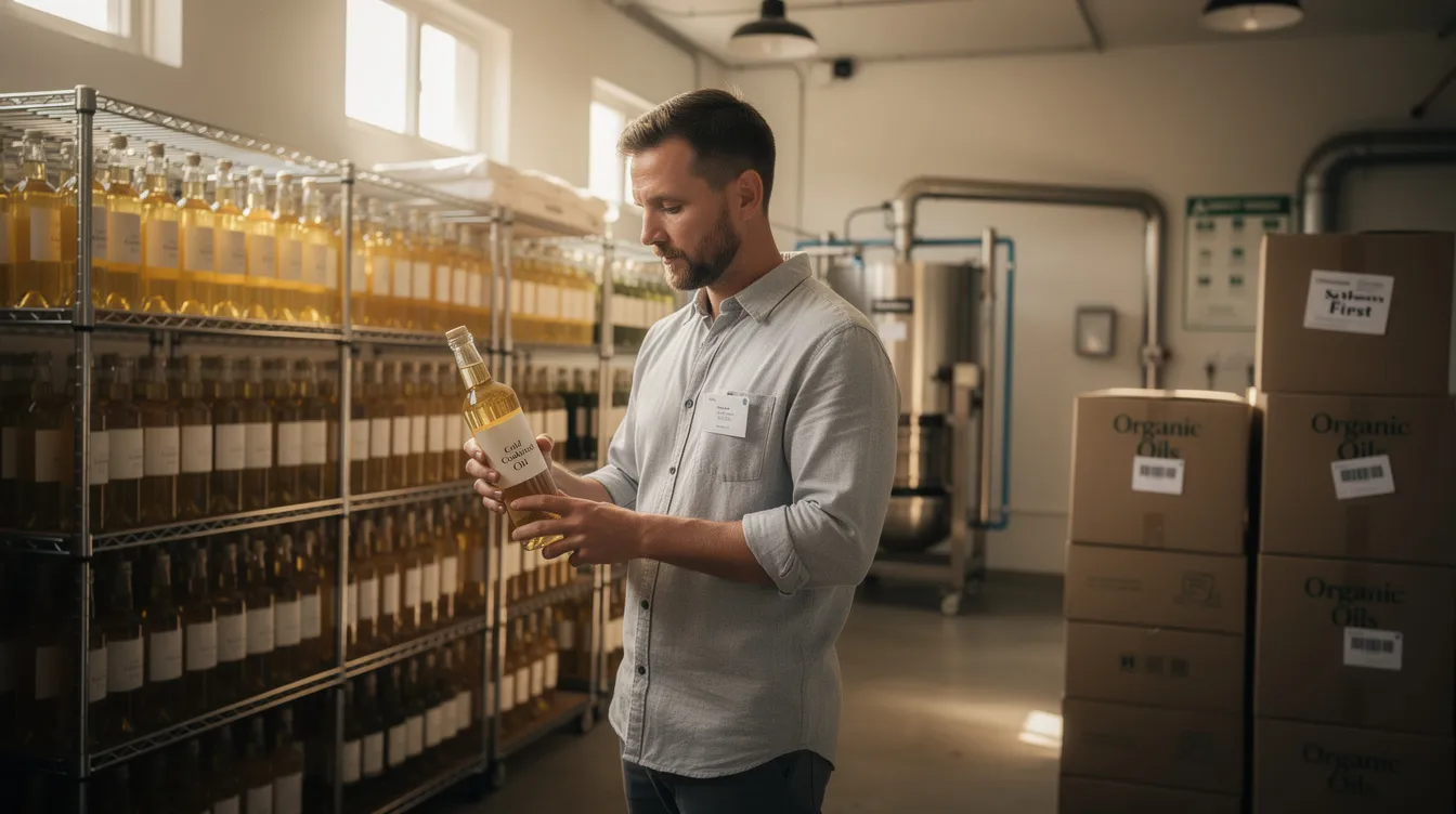 cab83ad6 c49b 45e5 a6ad 4ce3720bd3cd An entrepreneur is inspecting packaged bottles of cold pressed cooking oil in a small factory, highlighting the edible oil manufacturing business. The scene illustrates the production process and quality control in the edible oil industry, emphasizing the importance of high-quality oils like sunflower and olive oil.