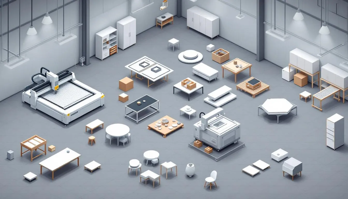 An overview of a modular furniture manufacturing business setup with machinery and workspace.