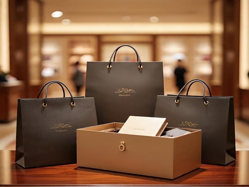 A picture showing luxury shopping bags and a gift box arranged on a polished wooden table, featuring dark leather-textured bags with gold details and a beige box, set inside an elegant store with a softly blurred background. 