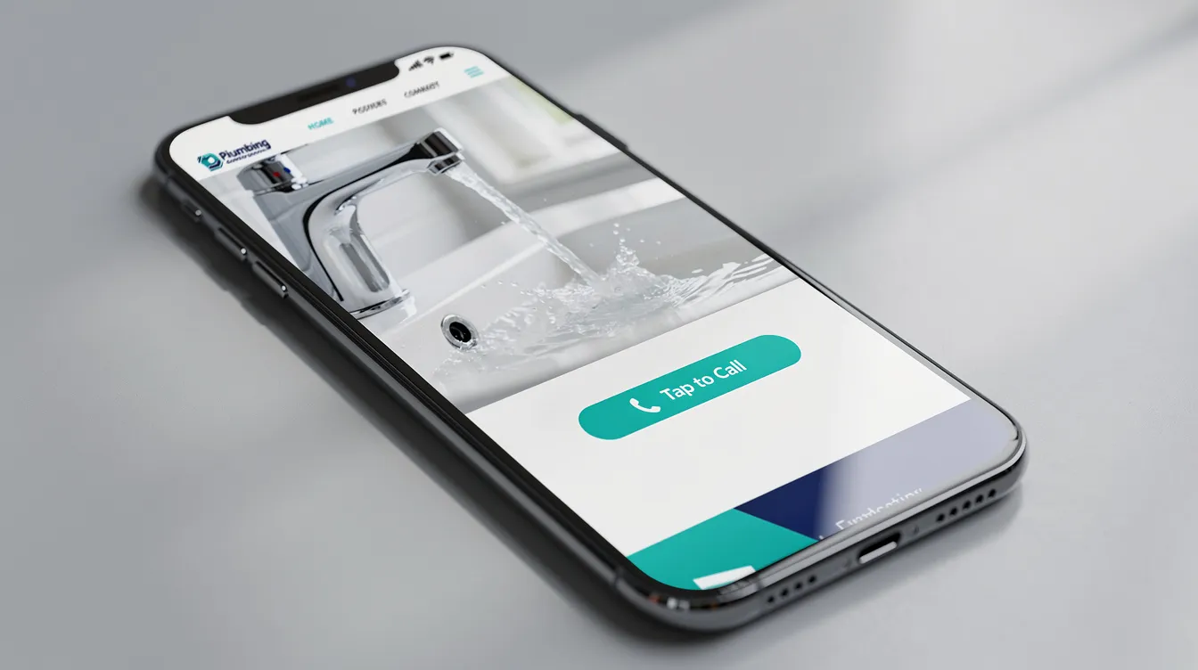 The image shows a smartphone displaying a sleek and modern plumbing website, complete with a prominent tap-to-call button, designed to enhance online visibility for plumbing businesses. This digital marketing strategy aims to attract potential customers and generate quality leads in the competitive plumbing industry.