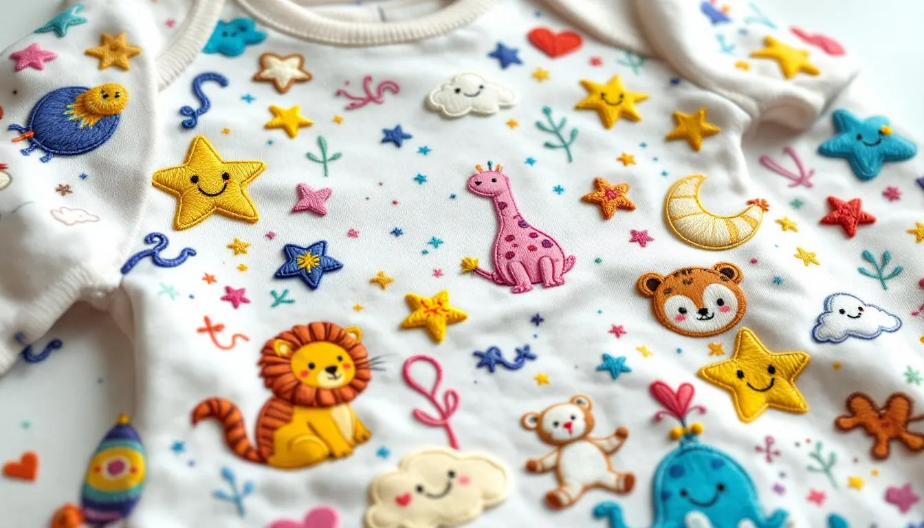 Hand-embroidered onesies, personalized gifts for kids.
